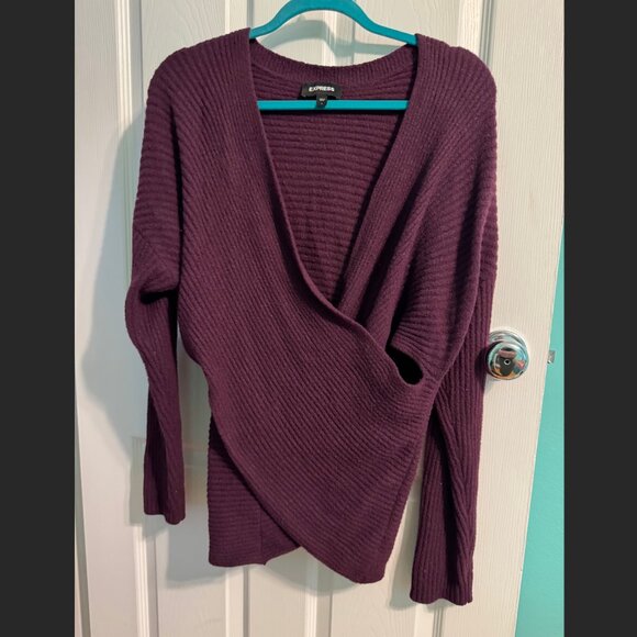 Express Ribbed Wrap Front Tunic Sweater – Deep Plum Purple – Size L - Picture 3 of 9